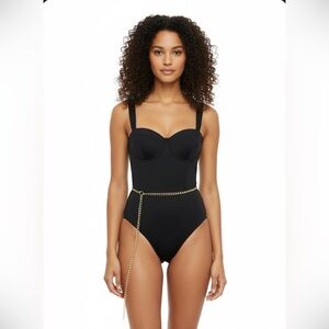 Jess La Black Underwire One Piece Swimsuit Gold Chain Belt Size S NWT
